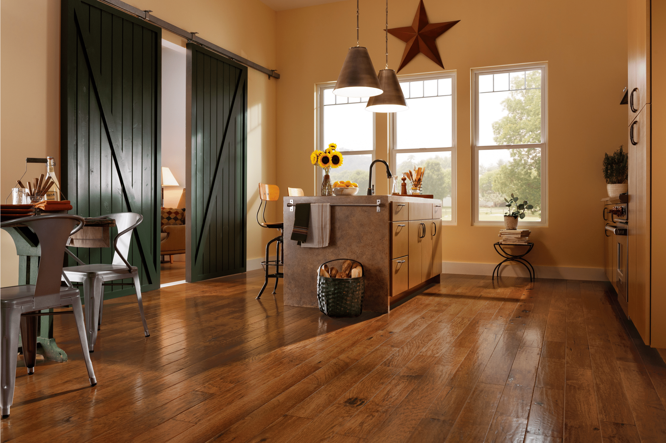 A look at hardwood flooring in a farmhouse style kitchen.