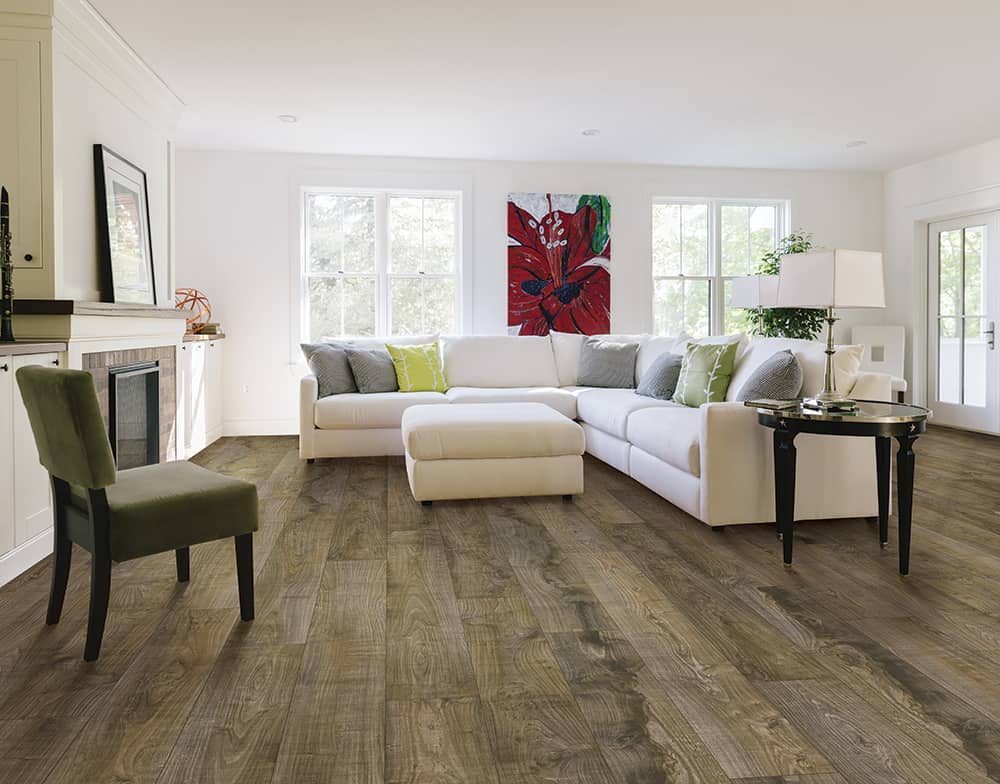 A home living room with Mohawk luxury vinyl flooring installed.
